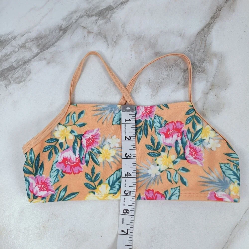 Art Class Girls' Orange Tropical Hawaiian Print Bikini Top, Sz M (7/8)